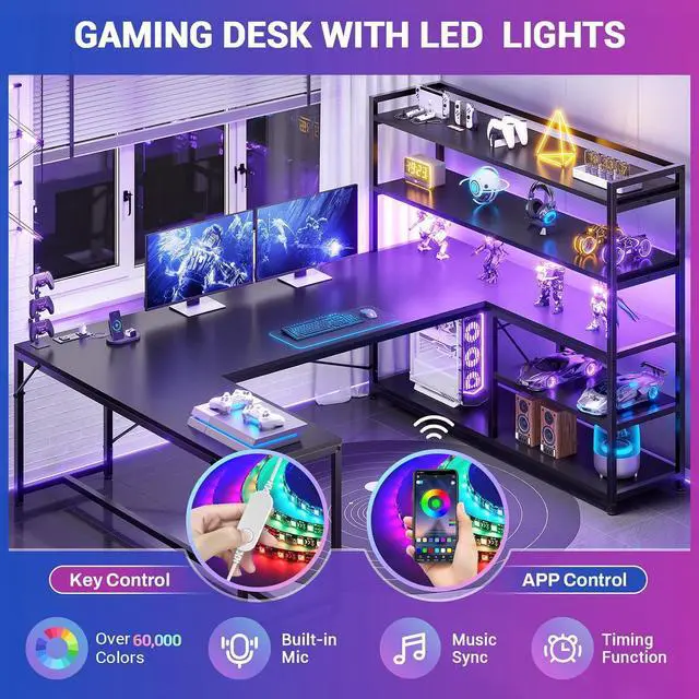 Alt view image 4 of 7 - L Shaped Gaming Desk, 63'' Reversible Computer Desk with Power Outlet and Storage Shelves, Corner Gaming Desk with LED Lights, Bookshelf for Home Office, Black