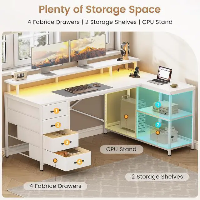 Alt view image 7 of 7 - L Shaped Desk with 4 Drawers and Storage Shelves, L Shaped Gaming Desk with LED Lights & Power Outlets, Computer Desk with Shelves & Drawer, Corner Desk Home Office Desk, White