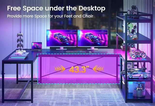 Alt view image 5 of 7 - L Shaped Gaming Desk, 63'' Reversible Computer Desk with Power Outlet and Storage Shelves, Corner Gaming Desk with LED Lights, Bookshelf for Home Office, Black