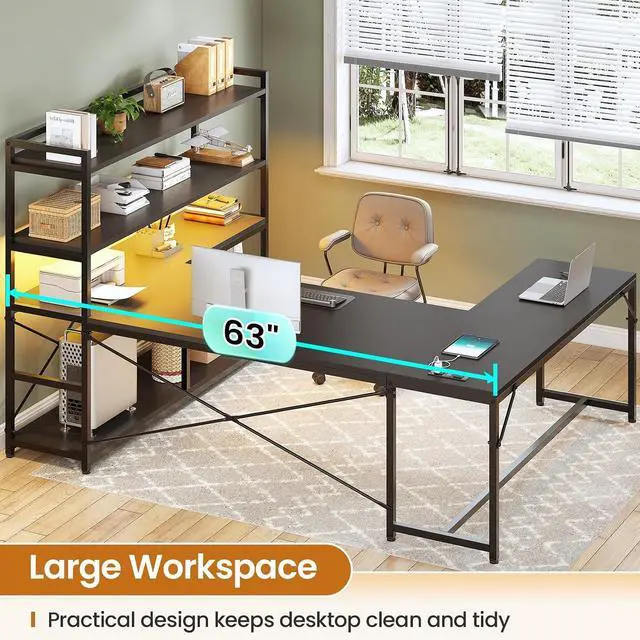 Alt view image 7 of 7 - L Shaped Gaming Desk, 63'' Reversible Computer Desk with Power Outlet and Storage Shelves, Corner Gaming Desk with LED Lights, Bookshelf for Home Office, Black