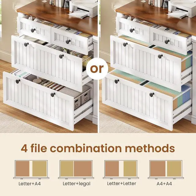 Alt view image 4 of 7 - 4 Drawers File Cabinet, 33" Farmhouse Filing Cabinets for Home Office fit Legal/Letter/A4 File, Wood Office File Cabinet with Power Outlets, Printer Stand with Storage, White+Brown