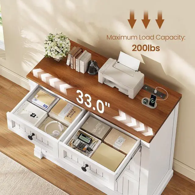 Alt view image 5 of 7 - 4 Drawers File Cabinet, 33" Farmhouse Filing Cabinets for Home Office fit Legal/Letter/A4 File, Wood Office File Cabinet with Power Outlets, Printer Stand with Storage, White+Brown