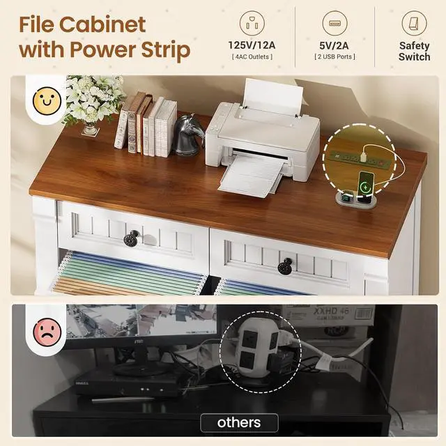 Alt view image 6 of 7 - 4 Drawers File Cabinet, 33" Farmhouse Filing Cabinets for Home Office fit Legal/Letter/A4 File, Wood Office File Cabinet with Power Outlets, Printer Stand with Storage, White+Brown