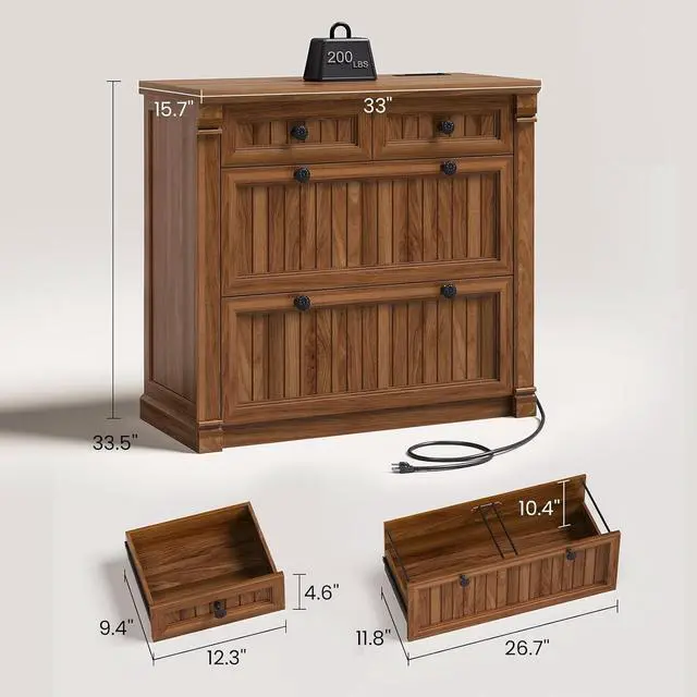 Alt view image 2 of 7 - 4 Drawers File Cabinet, 33" Farmhouse Filing Cabinets for Home Office fit Legal/Letter/A4 File, Wood Office File Cabinet with Power Outlets, Printer Stand with Storage, Brown