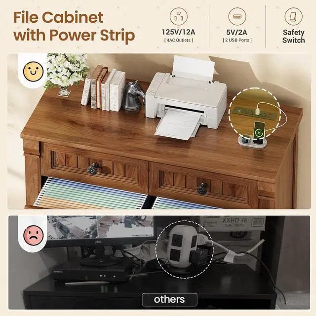Alt view image 6 of 7 - 4 Drawers File Cabinet, 33" Farmhouse Filing Cabinets for Home Office fit Legal/Letter/A4 File, Wood Office File Cabinet with Power Outlets, Printer Stand with Storage, Brown