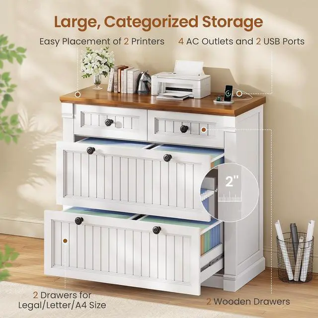 Alt view image 7 of 7 - 4 Drawers File Cabinet, 33" Farmhouse Filing Cabinets for Home Office fit Legal/Letter/A4 File, Wood Office File Cabinet with Power Outlets, Printer Stand with Storage, White+Brown