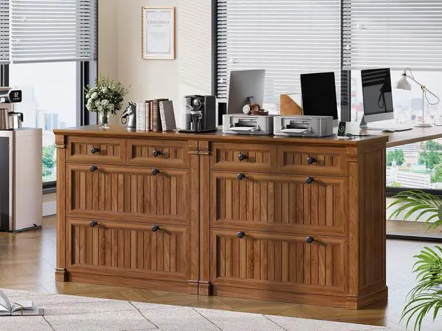 Alt view image 3 of 7 - 4 Drawers File Cabinet, 33" Farmhouse Filing Cabinets for Home Office fit Legal/Letter/A4 File, Wood Office File Cabinet with Power Outlets, Printer Stand with Storage, Brown