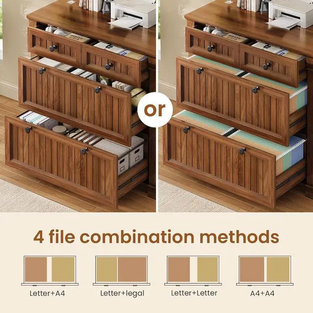 Alt view image 4 of 7 - 4 Drawers File Cabinet, 33" Farmhouse Filing Cabinets for Home Office fit Legal/Letter/A4 File, Wood Office File Cabinet with Power Outlets, Printer Stand with Storage, Brown