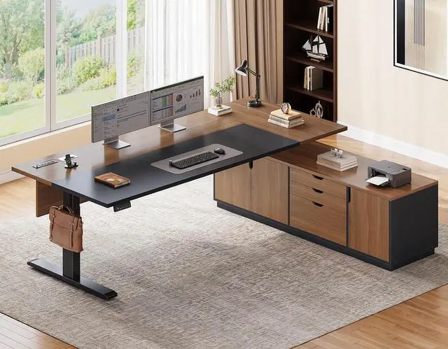 Main image of Executive L Shaped Electric Standing Desk, 71" Height Adjustable Executive Desk with 3 Drawers and Cabinet, Sit Stand Up Home Office Desk with Power Outlets & Side Hook, Brown