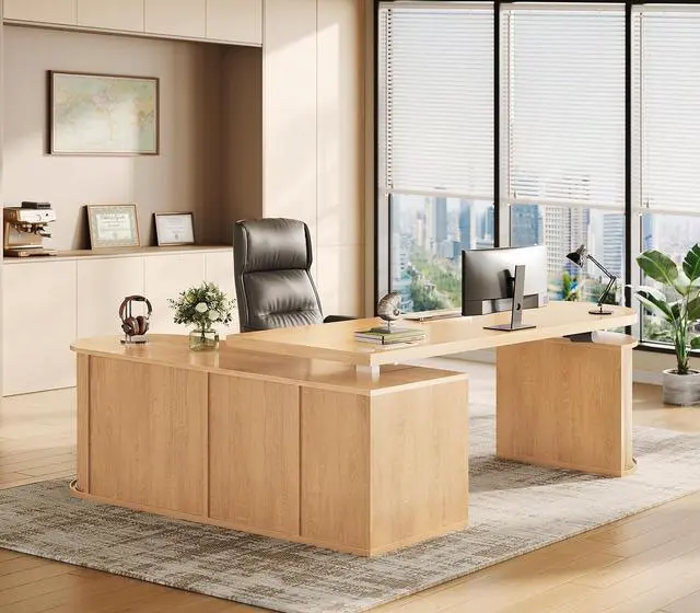 Alt view image 3 of 7 - 57" L Shaped Standing Desk with Storage, Electric Height Adjustable Curved Executive Desk, Fluted Desk with Drawers & Power Strip for Home Office, Light Oak