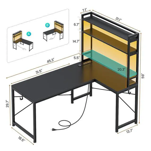 Alt view image 2 of 7 - L Shaped Gaming Desk, Reversible 45.3 Small Corner Desk with Power Outlet and LED Lights, Corner Gaming Desk with Storage Shelves, Hooks for Small Space, Black