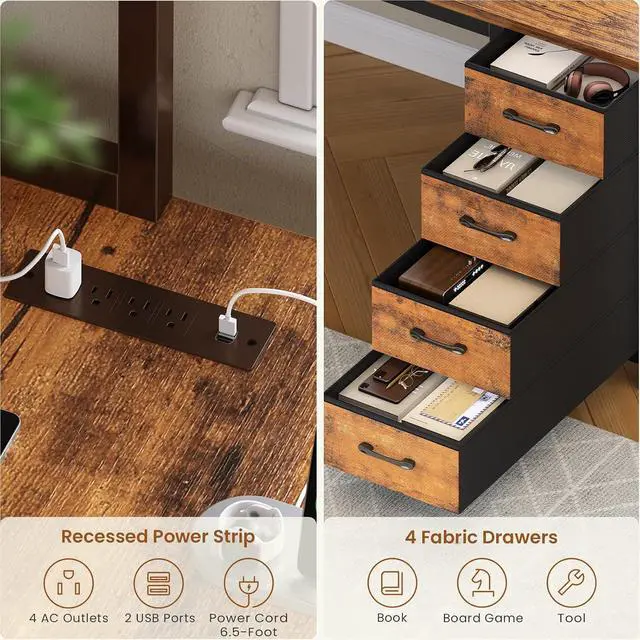 Alt view image 5 of 7 - L Shaped Gaming Desk, 51.2" Reversible Small Corner Desk with 4 Drawer, Power Outlet & LED Lights, Home Office Desk with Storage Shelves for Small Space, Rustic Brown