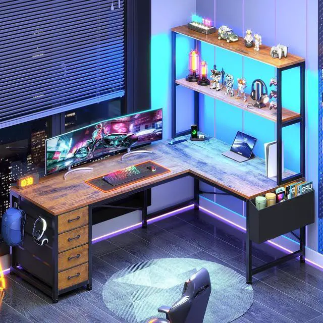 Main image of L Shaped Gaming Desk, 51.2" Reversible Small Corner Desk with 4 Drawer, Power Outlet & LED Lights, Home Office Desk with Storage Shelves for Small Space, Rustic Brown