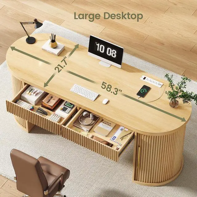 Alt view image 6 of 7 - Office Desk with 2 Drawers, 58.3" x 21.7" Fluted Computer Desk with 2 Sliding Doors Storage and Power Strip, Wood Executive Desk for Home Office, Light Oak