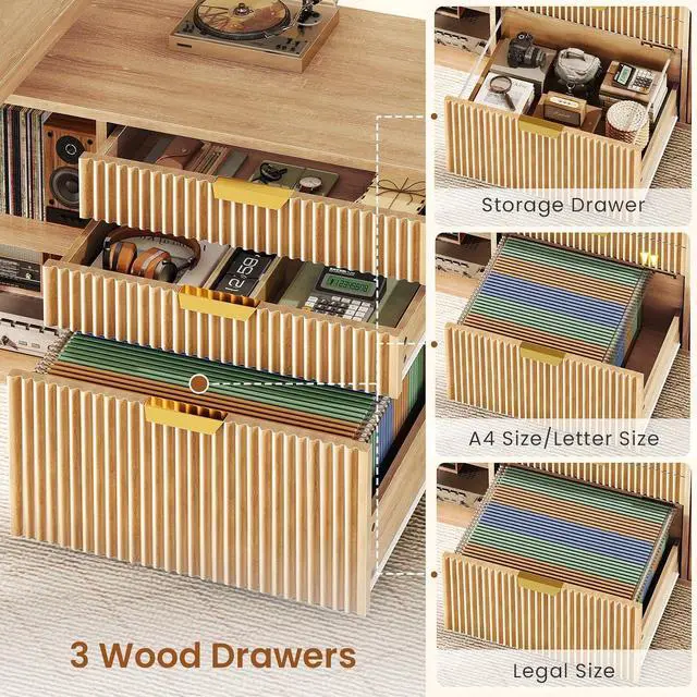 Alt view image 6 of 7 - 57" L Shaped Standing Desk with Storage, Electric Height Adjustable Curved Executive Desk, Fluted Desk with Drawers & Power Strip for Home Office, Light Oak
