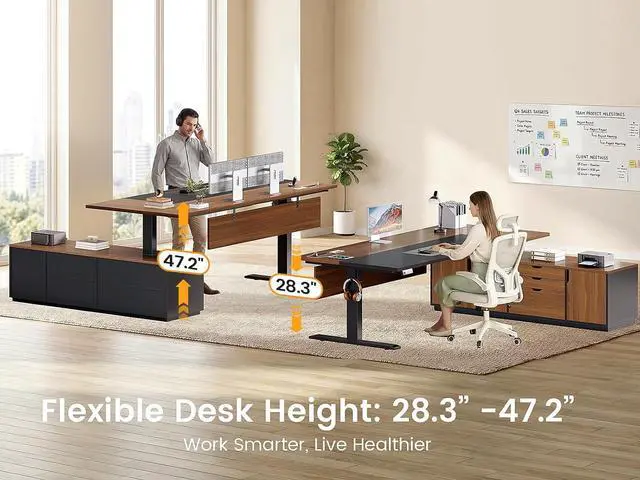 Alt view image 3 of 7 - Executive L Shaped Electric Standing Desk, 71" Height Adjustable Executive Desk with 3 Drawers and Cabinet, Sit Stand Up Home Office Desk with Power Outlets & Side Hook, Brown