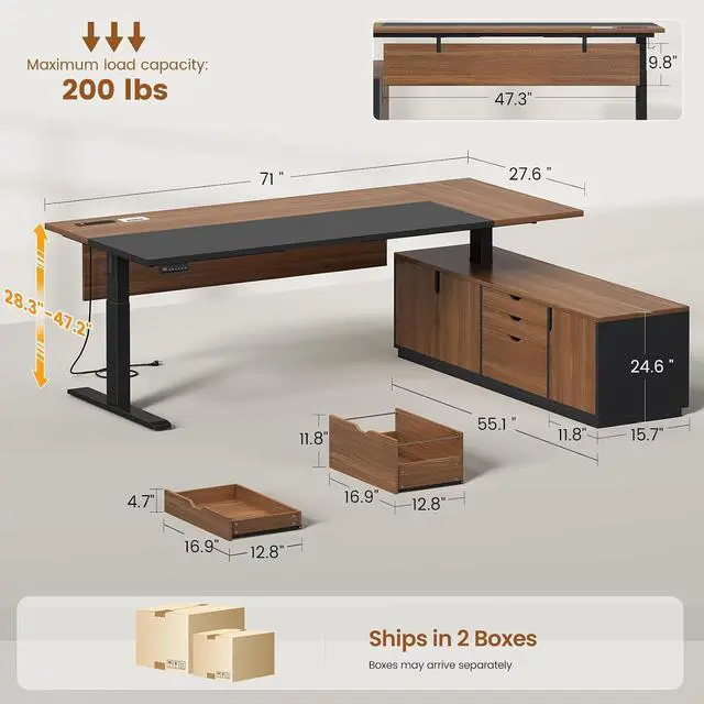 Alt view image 2 of 7 - Executive L Shaped Electric Standing Desk, 71" Height Adjustable Executive Desk with 3 Drawers and Cabinet, Sit Stand Up Home Office Desk with Power Outlets & Side Hook, Brown