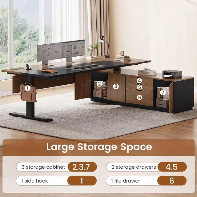 Alt view image 4 of 7 - Executive L Shaped Electric Standing Desk, 71" Height Adjustable Executive Desk with 3 Drawers and Cabinet, Sit Stand Up Home Office Desk with Power Outlets & Side Hook, Brown