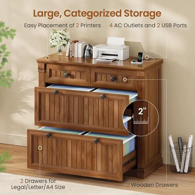 Alt view image 7 of 7 - 4 Drawers File Cabinet, 33" Farmhouse Filing Cabinets for Home Office fit Legal/Letter/A4 File, Wood Office File Cabinet with Power Outlets, Printer Stand with Storage, Brown