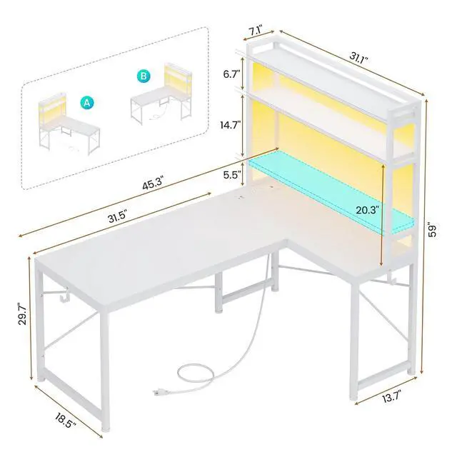 Alt view image 2 of 7 - White Corner Desk, Reversible 45.3 Small Computer Desk with Power Outlet and LED Lights, Corner Computer Desk with Hutch, Storage Shelves and Hooks for Small Space