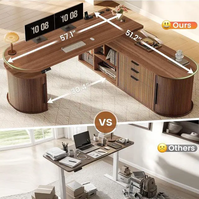 Alt view image 7 of 7 - 57" L Shaped Standing Desk with Storage, Electric Height Adjustable Curved Executive Desk, Fluted Desk with Drawers & Power Strip for Home Office, Brown