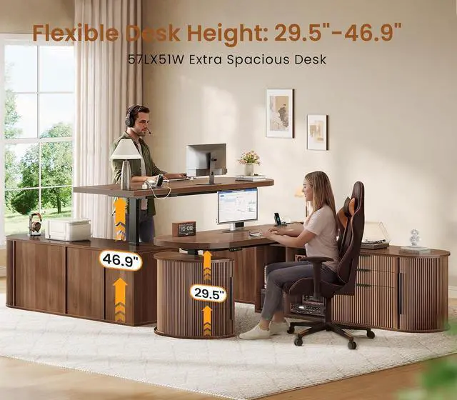 Alt view image 4 of 7 - 57" L Shaped Standing Desk with Storage, Electric Height Adjustable Curved Executive Desk, Fluted Desk with Drawers & Power Strip for Home Office, Brown