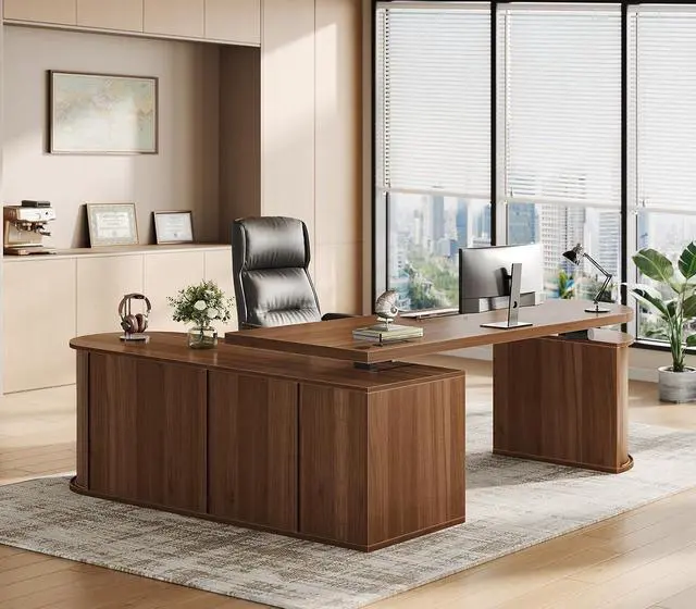 Alt view image 3 of 7 - 57" L Shaped Standing Desk with Storage, Electric Height Adjustable Curved Executive Desk, Fluted Desk with Drawers & Power Strip for Home Office, Brown