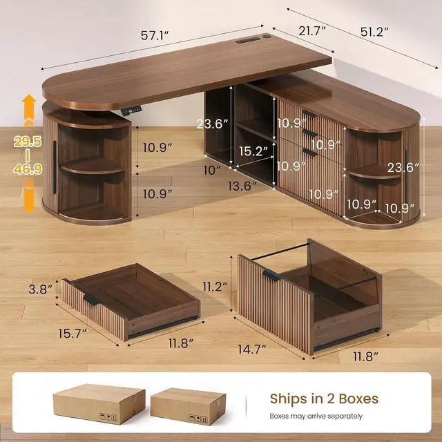 Alt view image 2 of 7 - 57" L Shaped Standing Desk with Storage, Electric Height Adjustable Curved Executive Desk, Fluted Desk with Drawers & Power Strip for Home Office, Brown