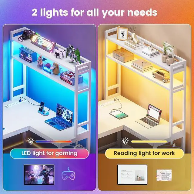 Alt view image 5 of 7 - White Corner Desk, Reversible 45.3 Small Computer Desk with Power Outlet and LED Lights, Corner Computer Desk with Hutch, Storage Shelves and Hooks for Small Space
