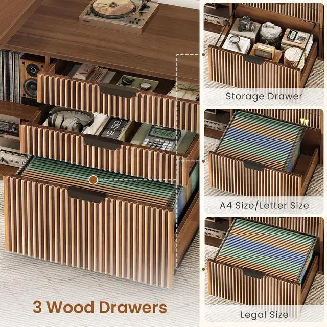 Alt view image 6 of 7 - 57" L Shaped Standing Desk with Storage, Electric Height Adjustable Curved Executive Desk, Fluted Desk with Drawers & Power Strip for Home Office, Brown