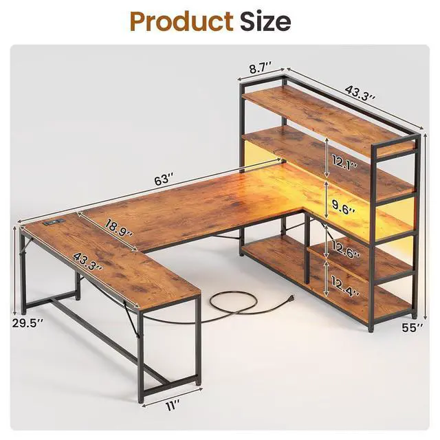 Alt view image 2 of 7 - L Shaped Desk with Storage Shelves, 63 Reversible U Shaped Office Desk, Gaming Desk with Power Outlet and LED Lights for Home Office, Rustic Brown
