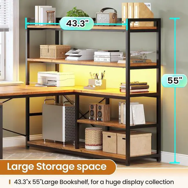 Alt view image 4 of 7 - L Shaped Desk with Storage Shelves, 63 Reversible U Shaped Office Desk, Gaming Desk with Power Outlet and LED Lights for Home Office, Rustic Brown