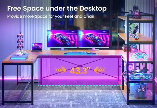 Alt view image 7 of 7 - L Shaped Desk with Storage Shelves, 63 Reversible U Shaped Office Desk, Gaming Desk with Power Outlet and LED Lights for Home Office, Rustic Brown
