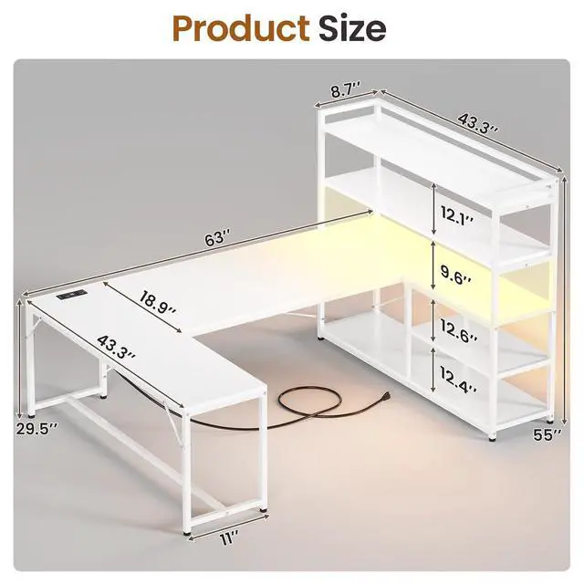 Alt view image 2 of 7 - L Shaped Computer Desk, 63 Reversible Office Desk or Corner Desk with Storage Shelves, White Gaming Desk with LED Lights, Power Outlet
