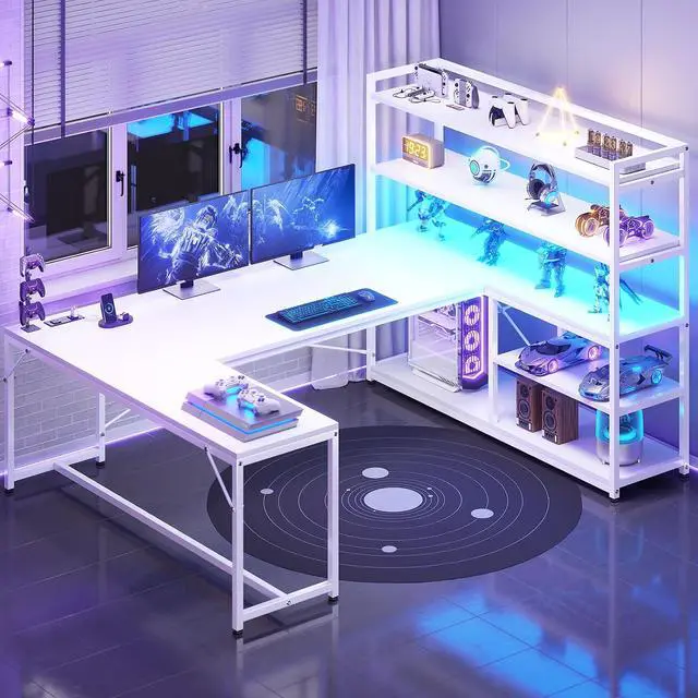 Alt view image 3 of 7 - L Shaped Computer Desk, 63 Reversible Office Desk or Corner Desk with Storage Shelves, White Gaming Desk with LED Lights, Power Outlet