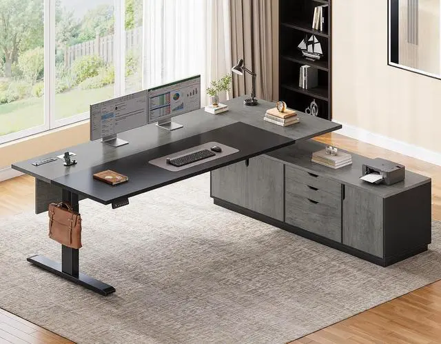 Main image of Executive L Shaped Electric Standing Desk, 71" Height Adjustable Executive Desk with 3 Drawers and Cabinet, Sit Stand Up Home Office Desk with Power Outlets & Side Hook (Grey)