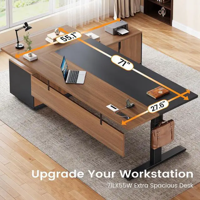 Alt view image 5 of 7 - Executive L Shaped Electric Standing Desk, 71" Height Adjustable Executive Desk with 3 Drawers and Cabinet, Sit Stand Up Home Office Desk with Power Outlets & Side Hook, Brown