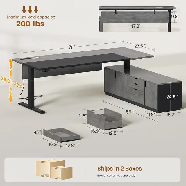 Alt view image 2 of 7 - Executive L Shaped Electric Standing Desk, 71" Height Adjustable Executive Desk with 3 Drawers and Cabinet, Sit Stand Up Home Office Desk with Power Outlets & Side Hook (Grey)