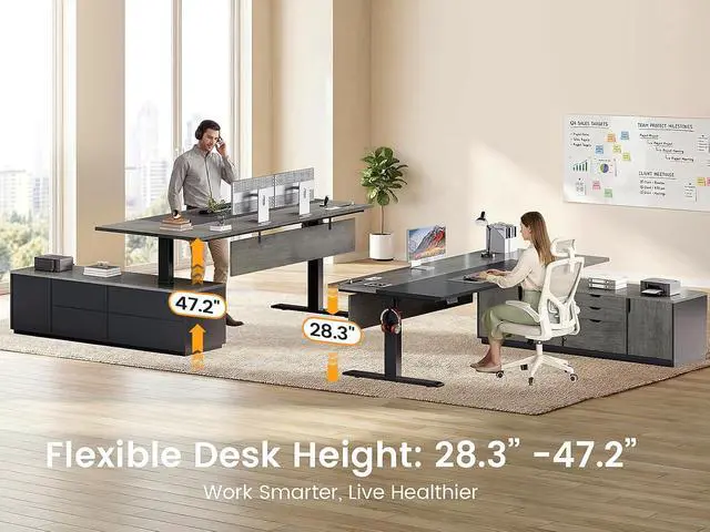 Alt view image 3 of 7 - Executive L Shaped Electric Standing Desk, 71" Height Adjustable Executive Desk with 3 Drawers and Cabinet, Sit Stand Up Home Office Desk with Power Outlets & Side Hook (Grey)