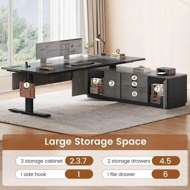 Alt view image 4 of 7 - Executive L Shaped Electric Standing Desk, 71" Height Adjustable Executive Desk with 3 Drawers and Cabinet, Sit Stand Up Home Office Desk with Power Outlets & Side Hook (Grey)