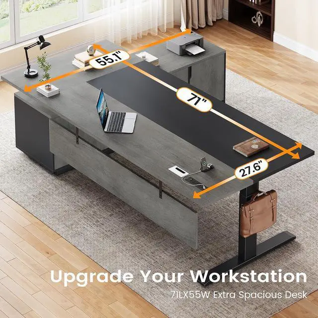 Alt view image 5 of 7 - Executive L Shaped Electric Standing Desk, 71" Height Adjustable Executive Desk with 3 Drawers and Cabinet, Sit Stand Up Home Office Desk with Power Outlets & Side Hook (Grey)