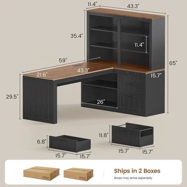 Alt view image 2 of 7 - Farmhouse L Shaped Computer Desk, 59'' Wood Office Desk with 3 Drawers and 5-Tier Bookshelf, Corner Desk with Storage Shelves and Power Outlet for Home Office Small Space, Black + Brown