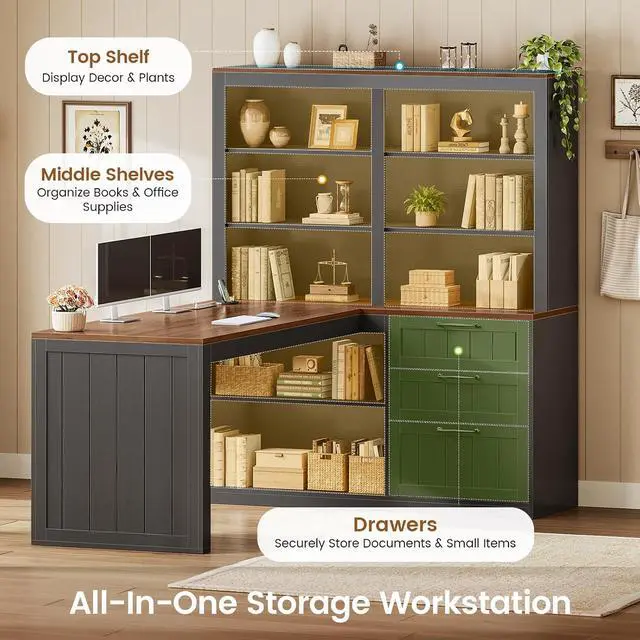 Alt view image 3 of 7 - Farmhouse L Shaped Computer Desk, 59'' Wood Office Desk with 3 Drawers and 5-Tier Bookshelf, Corner Desk with Storage Shelves and Power Outlet for Home Office Small Space, Black + Brown