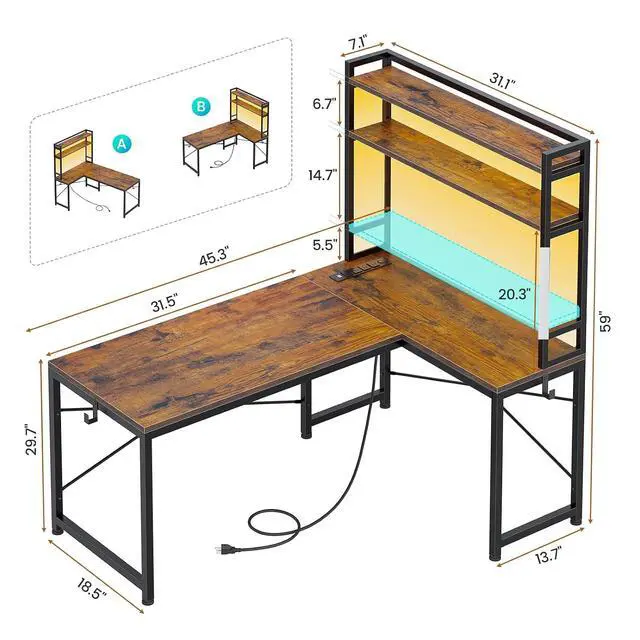 Alt view image 2 of 7 - L Shaped Desk with Hutch, 45.3 Reversible Home Office Desk, L Shaped Gaming Desk with LED Lights, Power Outlet, Storage Shelves and Hooks for Small Space, Rustic Brown