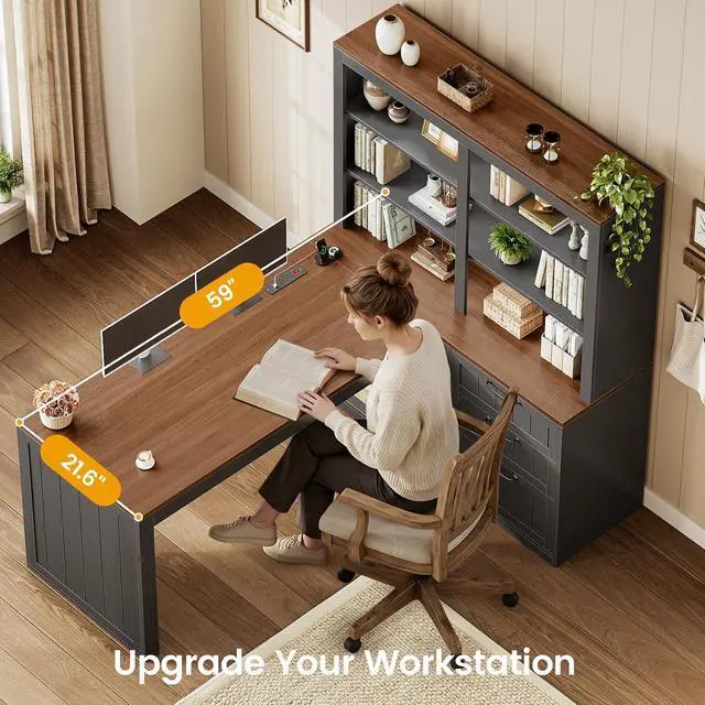 Alt view image 6 of 7 - Farmhouse L Shaped Computer Desk, 59'' Wood Office Desk with 3 Drawers and 5-Tier Bookshelf, Corner Desk with Storage Shelves and Power Outlet for Home Office Small Space, Black + Brown