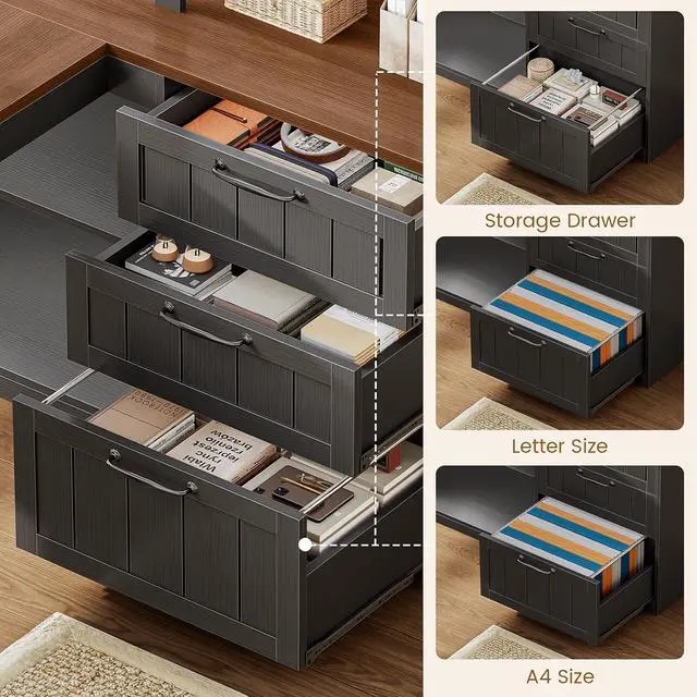Alt view image 5 of 7 - Farmhouse L Shaped Computer Desk, 59'' Wood Office Desk with 3 Drawers and 5-Tier Bookshelf, Corner Desk with Storage Shelves and Power Outlet for Home Office Small Space, Black + Brown