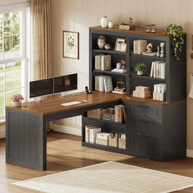 Main image of Farmhouse L Shaped Computer Desk, 59'' Wood Office Desk with 3 Drawers and 5-Tier Bookshelf, Corner Desk with Storage Shelves and Power Outlet for Home Office Small Space, Black + Brown