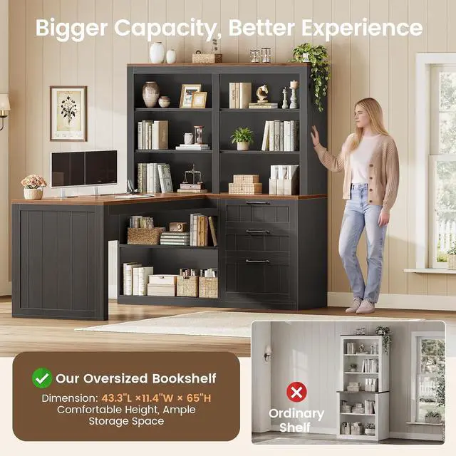 Alt view image 4 of 7 - Farmhouse L Shaped Computer Desk, 59'' Wood Office Desk with 3 Drawers and 5-Tier Bookshelf, Corner Desk with Storage Shelves and Power Outlet for Home Office Small Space, Black + Brown