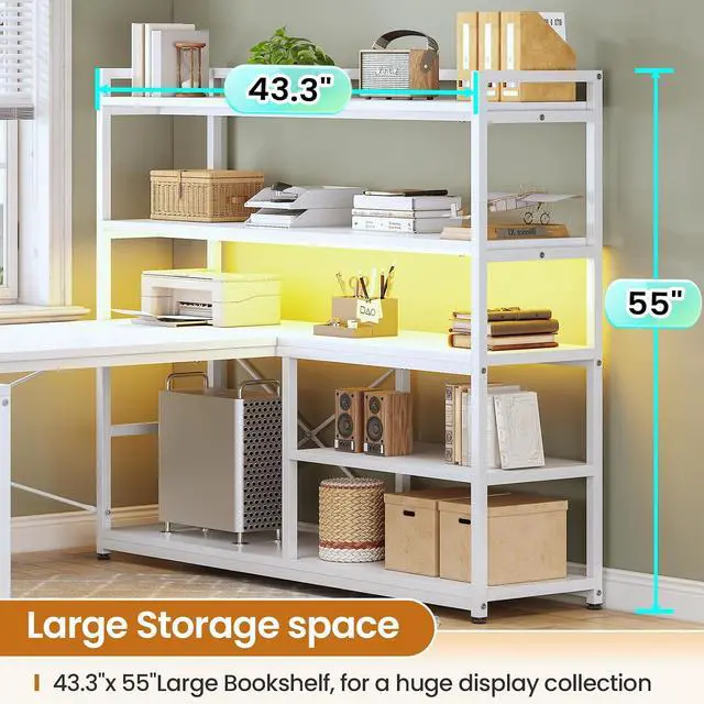 Alt view image 5 of 7 - L Shaped Computer Desk, 63 Reversible Office Desk or Corner Desk with Storage Shelves, White Gaming Desk with LED Lights, Power Outlet