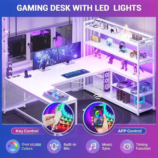 Alt view image 6 of 7 - L Shaped Computer Desk, 63 Reversible Office Desk or Corner Desk with Storage Shelves, White Gaming Desk with LED Lights, Power Outlet